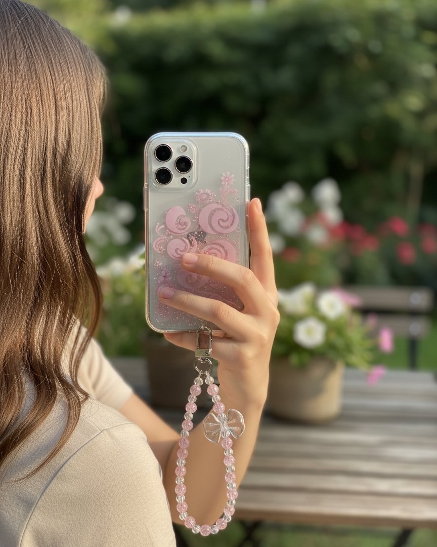 girl holding iphone with attached charm that is designer and elegant .