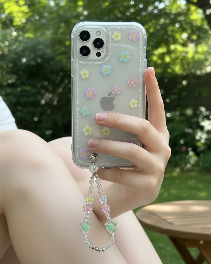 the girl sitting and holding her phone , beautiful charm is attached with her mobile phone, very cute and designer mobile back cover