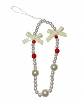 Double-strand phone charm made of white faux pearls, red beads, and two cream bowknot charms, with a hanging loop.