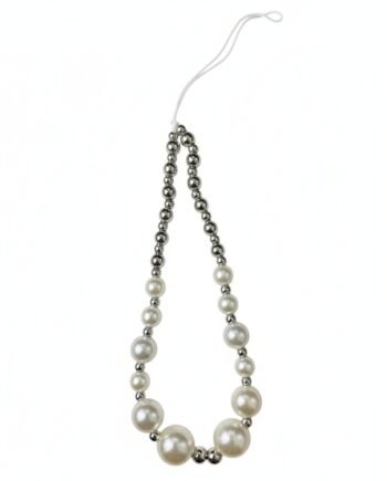 Silver metallic and white faux pearl beaded phone charm with a nylon loop for attachment.