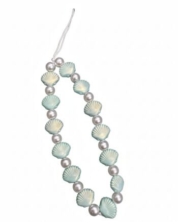 Beaded phone charm with light blue scallop shell beads and white faux pearls, attached with a lanyard loop.