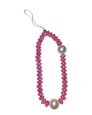 Hot pink faceted crystal beaded phone charm with two large white faux pearls and a lanyard loop.
