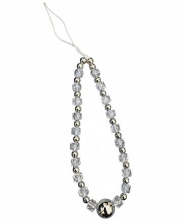 Clear faceted cube crystal and silver metallic beaded phone charm with a central large crystal and lanyard loop.