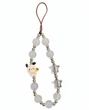 Kawaii-style phone charm with a white and black dog character, clear star beads, and white round beads.