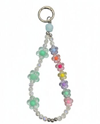 Colorful beaded phone charm with clear crystal beads and pastel plastic flower beads, attached to a silver carabiner clasp.